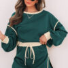 Black Color Contrast Loose Pullover and Lace-up Waist Skort Set