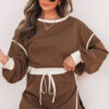 Black Color Contrast Loose Pullover and Lace-up Waist Skort Set