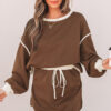 Black Color Contrast Loose Pullover and Lace-up Waist Skort Set