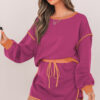 Black Color Contrast Loose Pullover and Lace-up Waist Skort Set