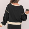 Black Color Contrast Loose Pullover and Lace-up Waist Skort Set