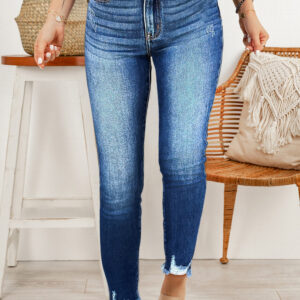Blue Raw Hem Ankle-length Skinny Jeans