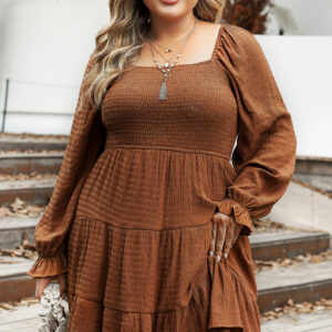 BMerciful's Chestnut Plus Size Smocked Ruffled Sleeve Tiered Mini Dress