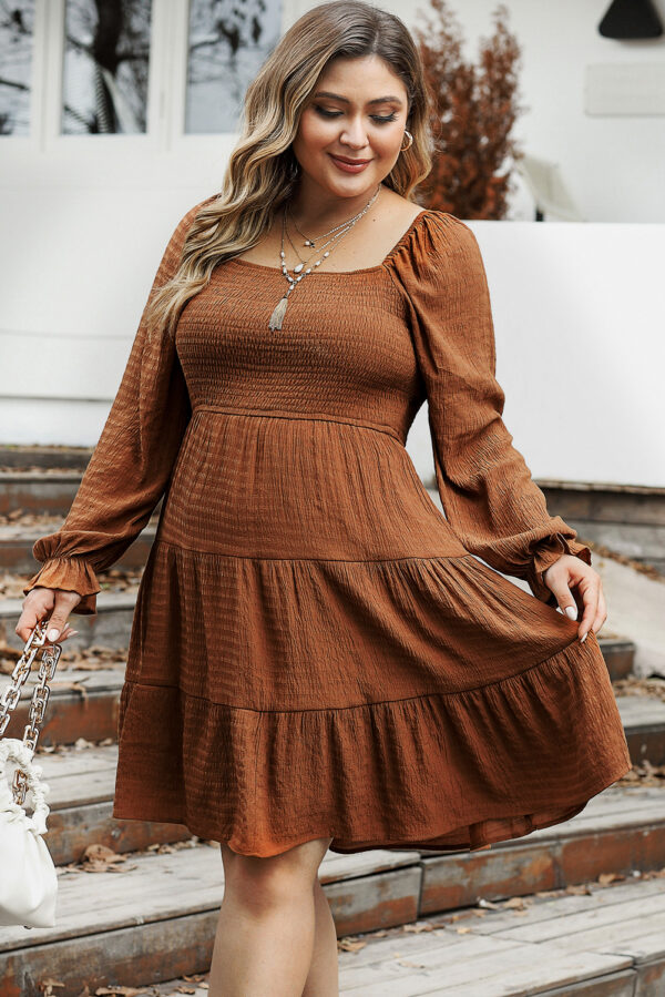 BMerciful's Chestnut Plus Size Smocked Ruffled Sleeve Tiered Mini Dress