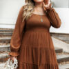 BMerciful's Chestnut Plus Size Smocked Ruffled Sleeve Tiered Mini Dress