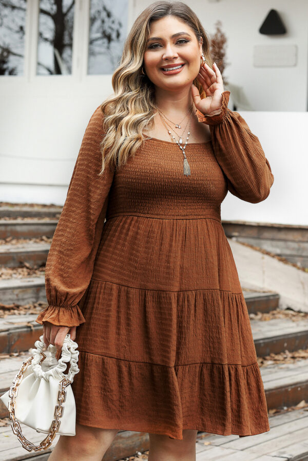 BMerciful's Chestnut Plus Size Smocked Ruffled Sleeve Tiered Mini Dress