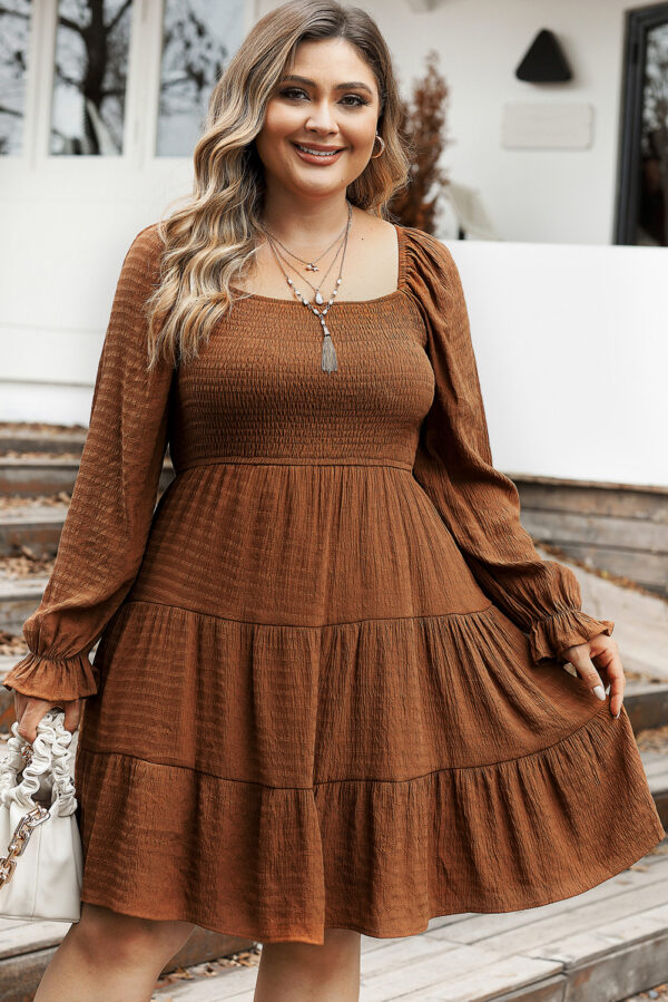 BMerciful's Chestnut Plus Size Smocked Ruffled Sleeve Tiered Mini Dress