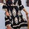 BMerciful's Black Geometric Printed Surplice Neck 3/4 Sleeve Plus Mini Dress