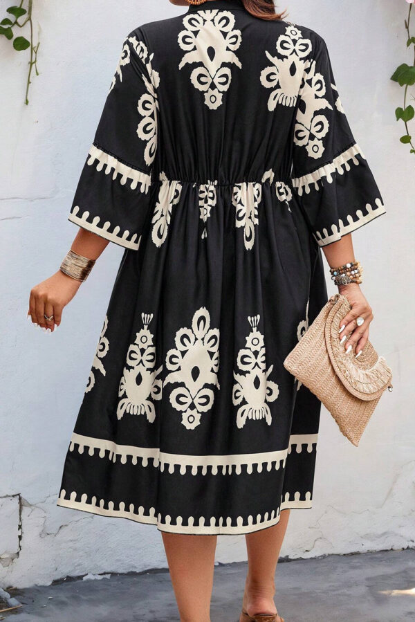 BMerciful's Black Geometric Printed Surplice Neck 3/4 Sleeve Plus Mini Dress